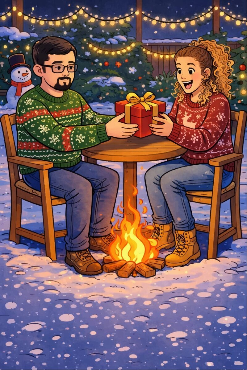 Custom couple portrait scene, exchanging a gift by a fire pit at night