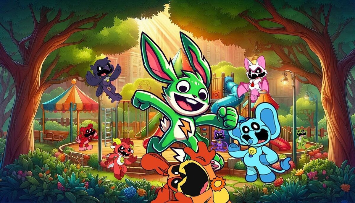Multi-character mascot art scene