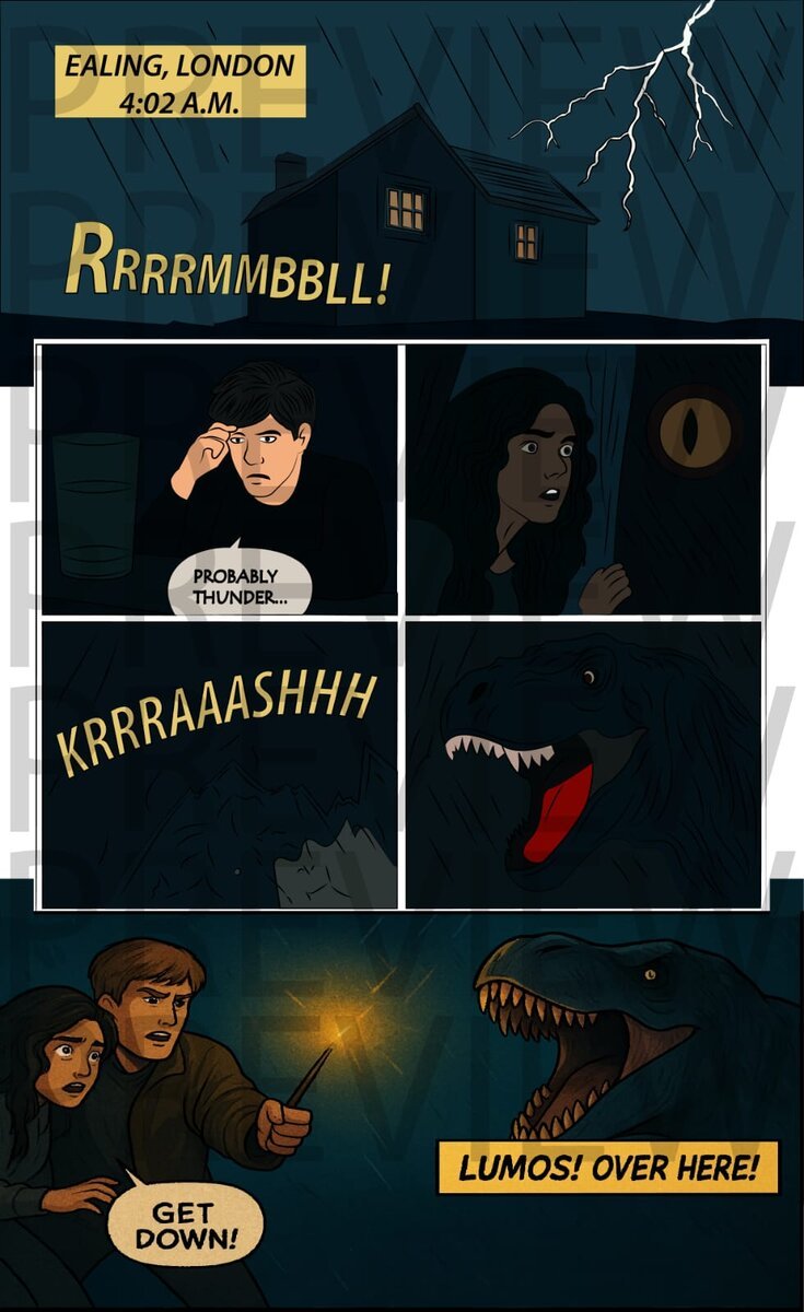 Multi-panel comic sequence, characters encountering a dinosaur at night