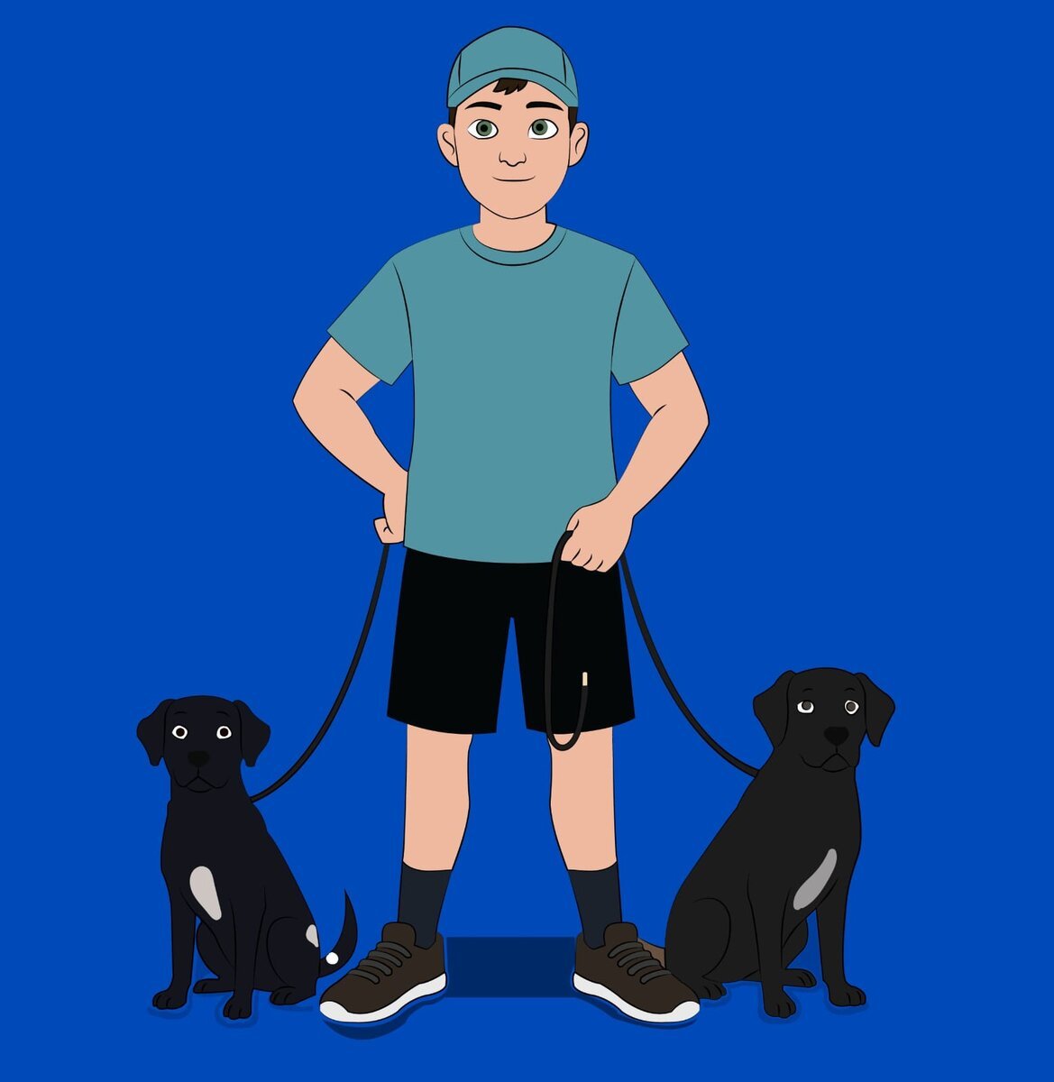 Single character illustration walking two dogs, simple flat background