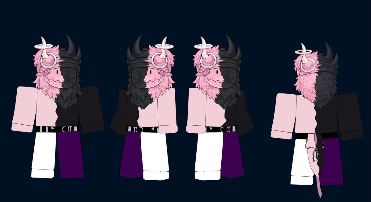 Character reference sheet for a horned imp character, front and back views