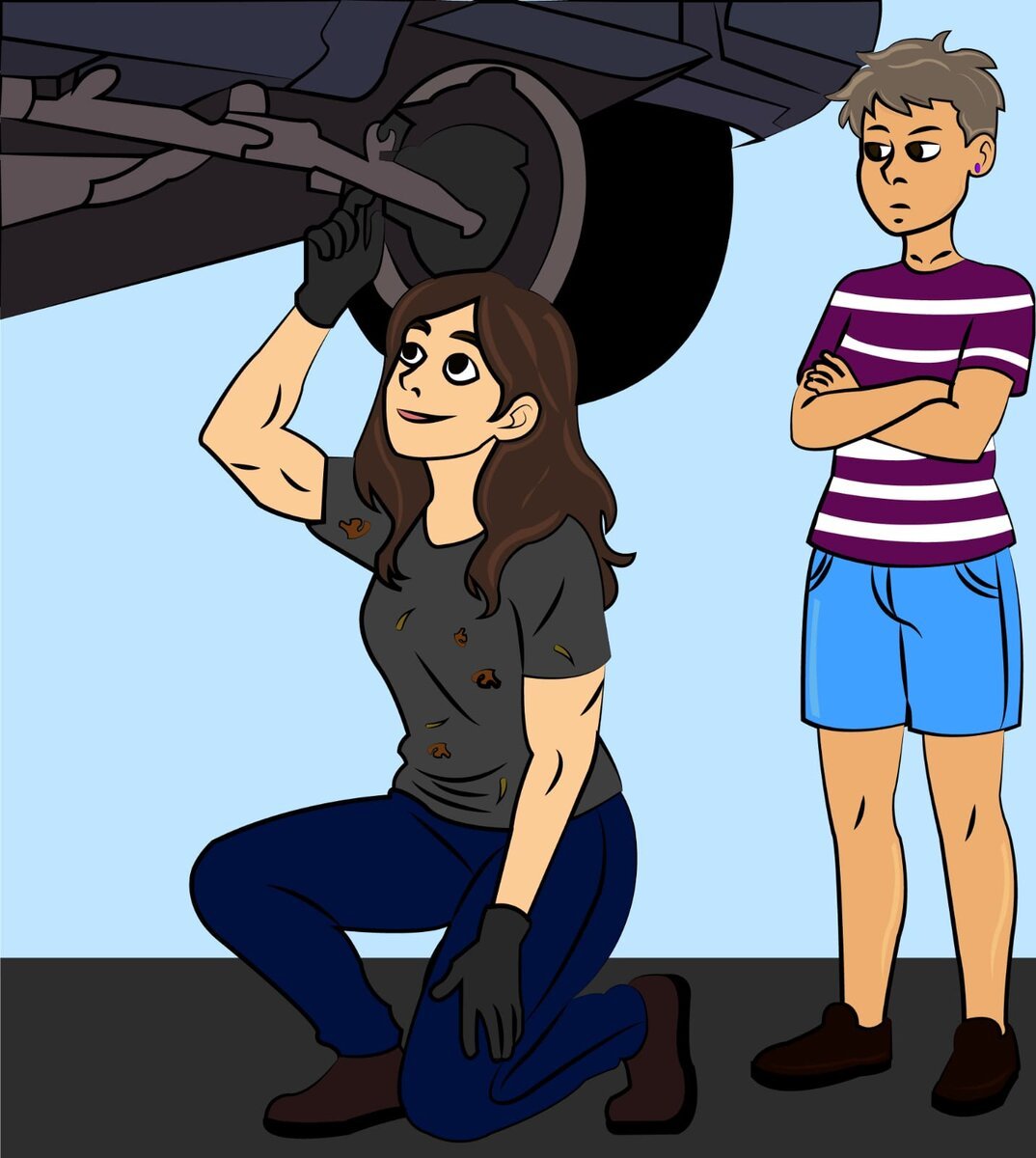 Illustrated scene of a mechanic character working on a car with a second character watching