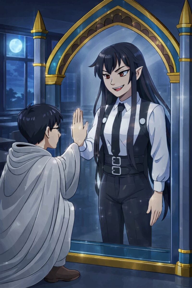 Double character scene, boy touching a magic mirror reflecting a vampire character