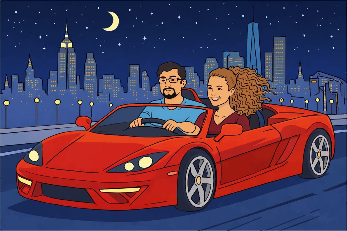Custom couple portrait, night drive NYC scene