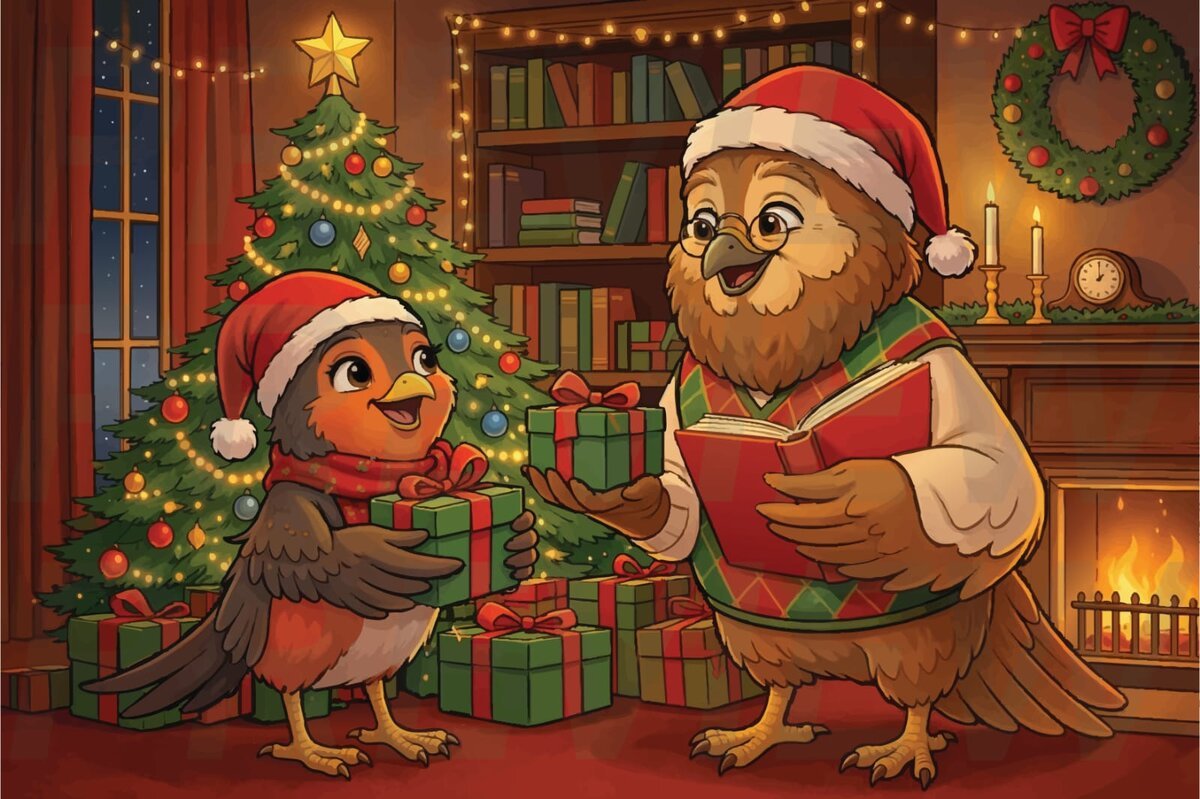 Warm double character holiday scene with two owl characters by the fireplace