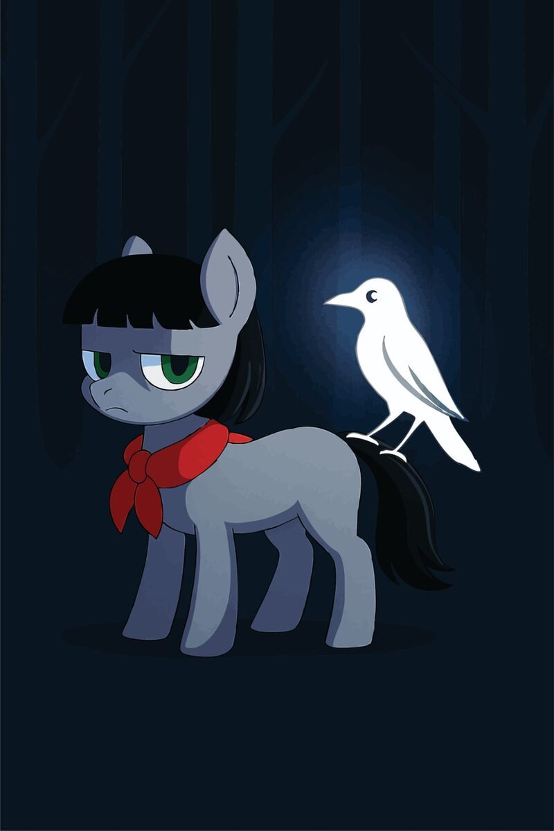 Double character illustration, pony character with a crow companion