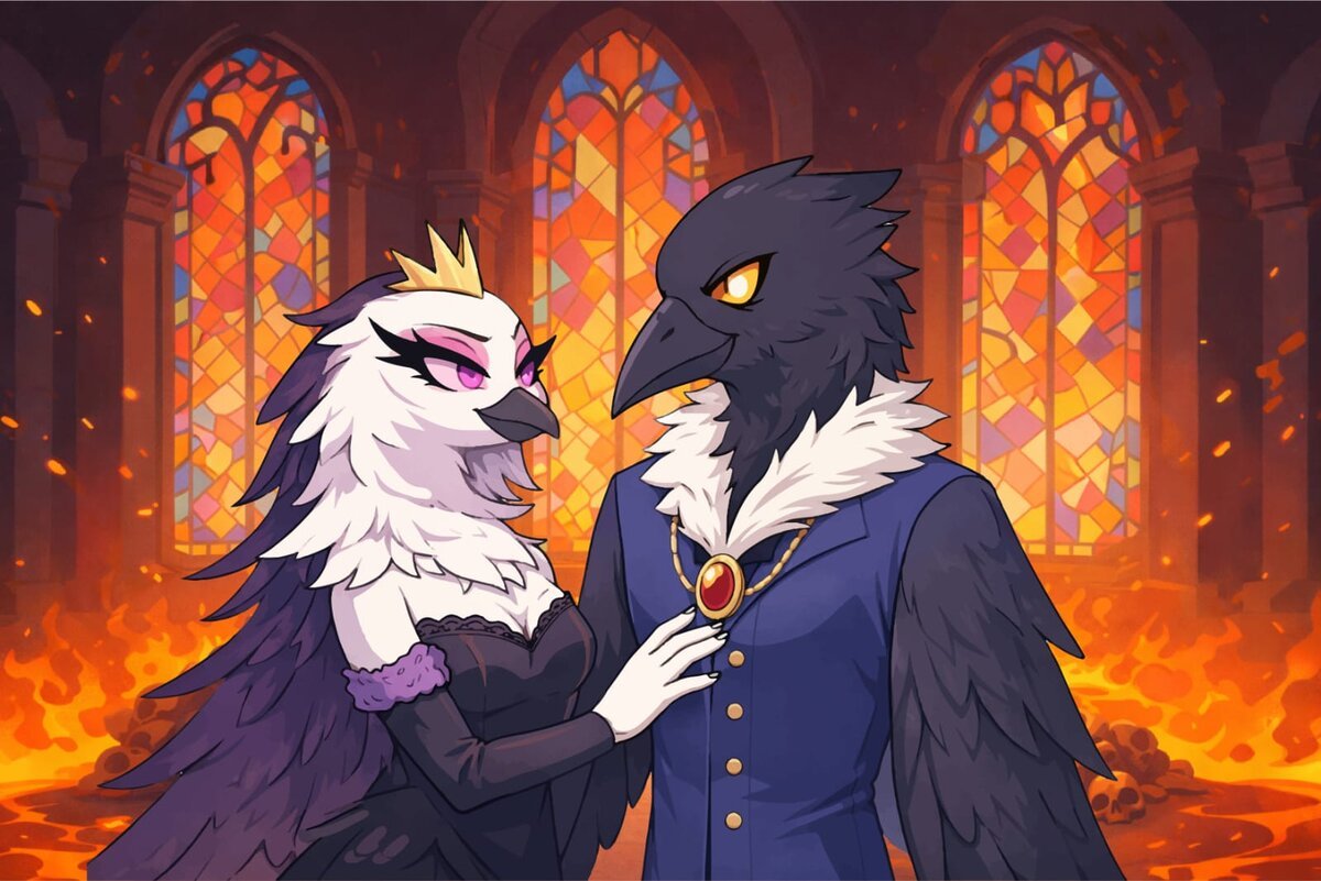 Fantasy double-character scene, raven-like royal couple in a burning cathedral