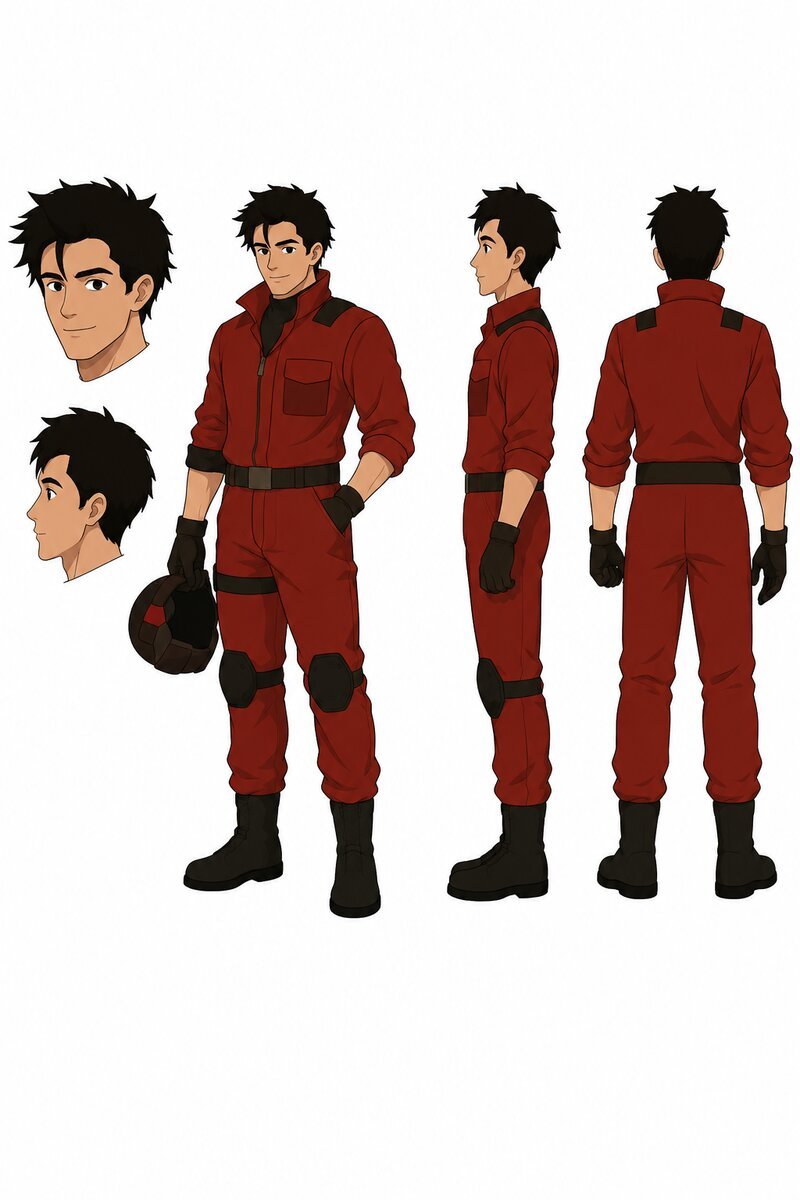 Character reference and turnaround sheet, front side and back views