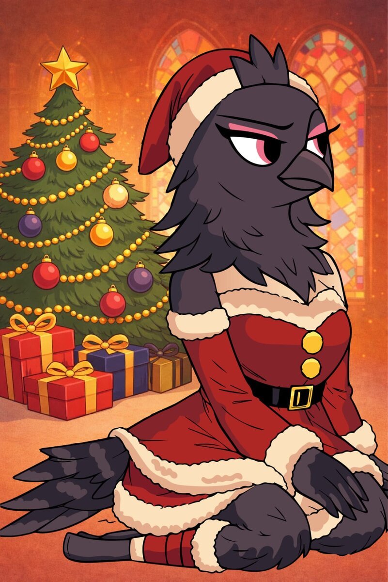Single character illustration in festive costume with Christmas tree background
