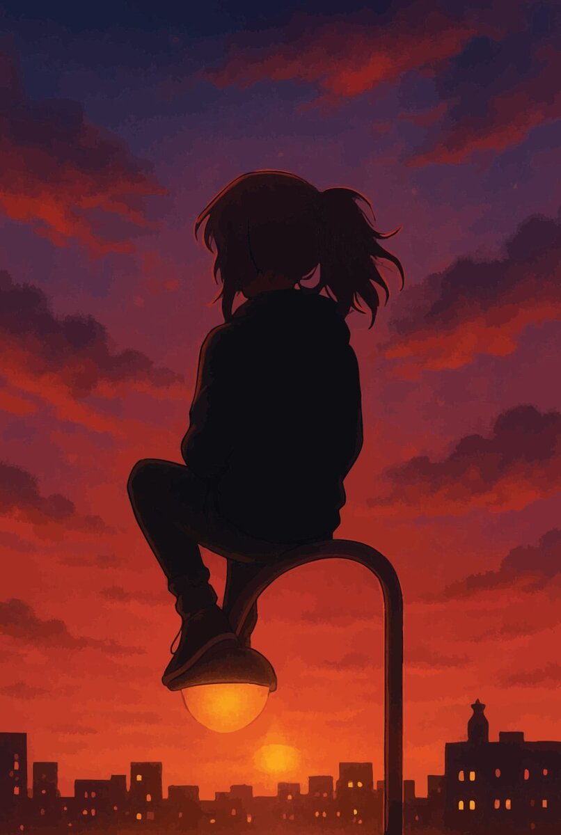 Single character silhouette scene against a dramatic sunset skyline
