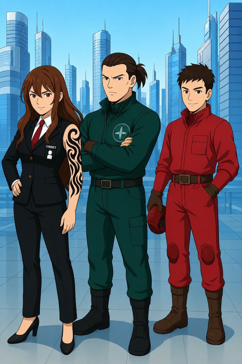Three character group illustration with sci-fi city background