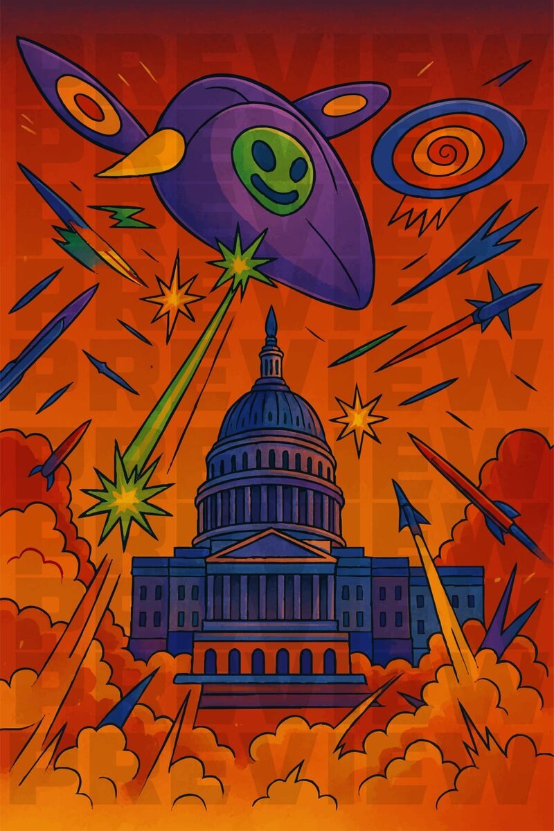 Bold pop-art style illustrated scene, UFO and rockets over a capitol building