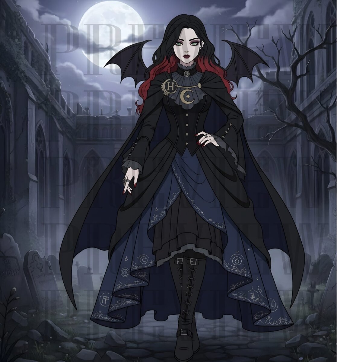 Gothic single character scene, vampire in graveyard under full moon