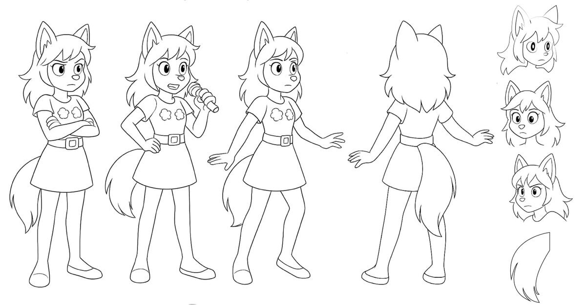 Reference turnaround sheet for a wolf character, multiple poses and expression sheet